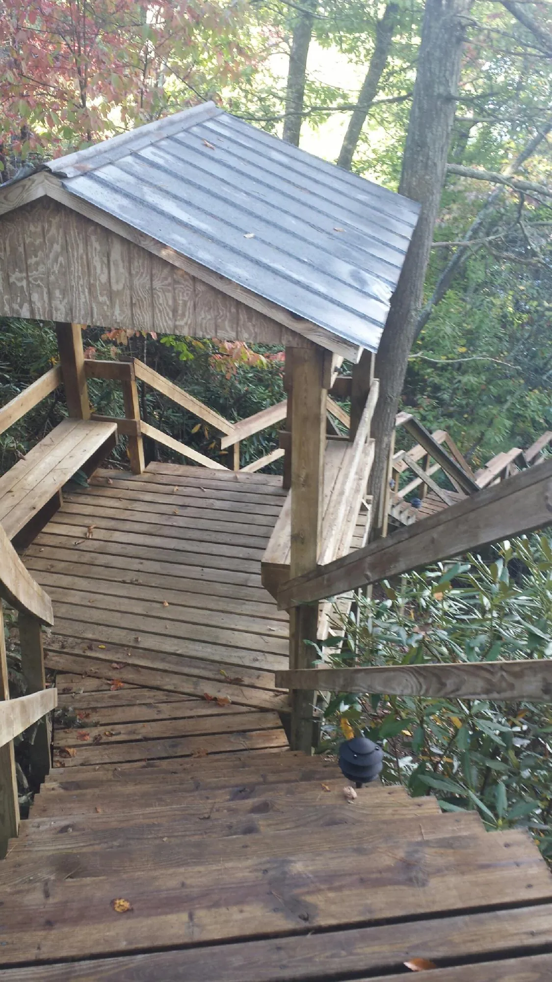 Metal roofed shelter over wooden steps on a wooded walkway — Skylight Repair & Installation work by our crew in Vona